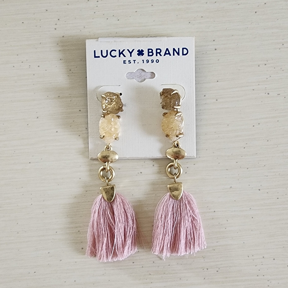 Lucky Brand Fun Pink Fringe Gold Toned Drop Earrings